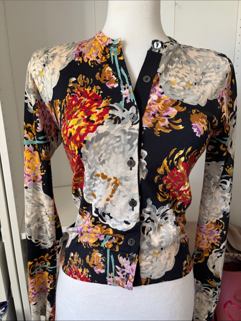 Dolce & Gabbana Black Floral Button-Up Cardigan with Red, Yellow, Purple Accents